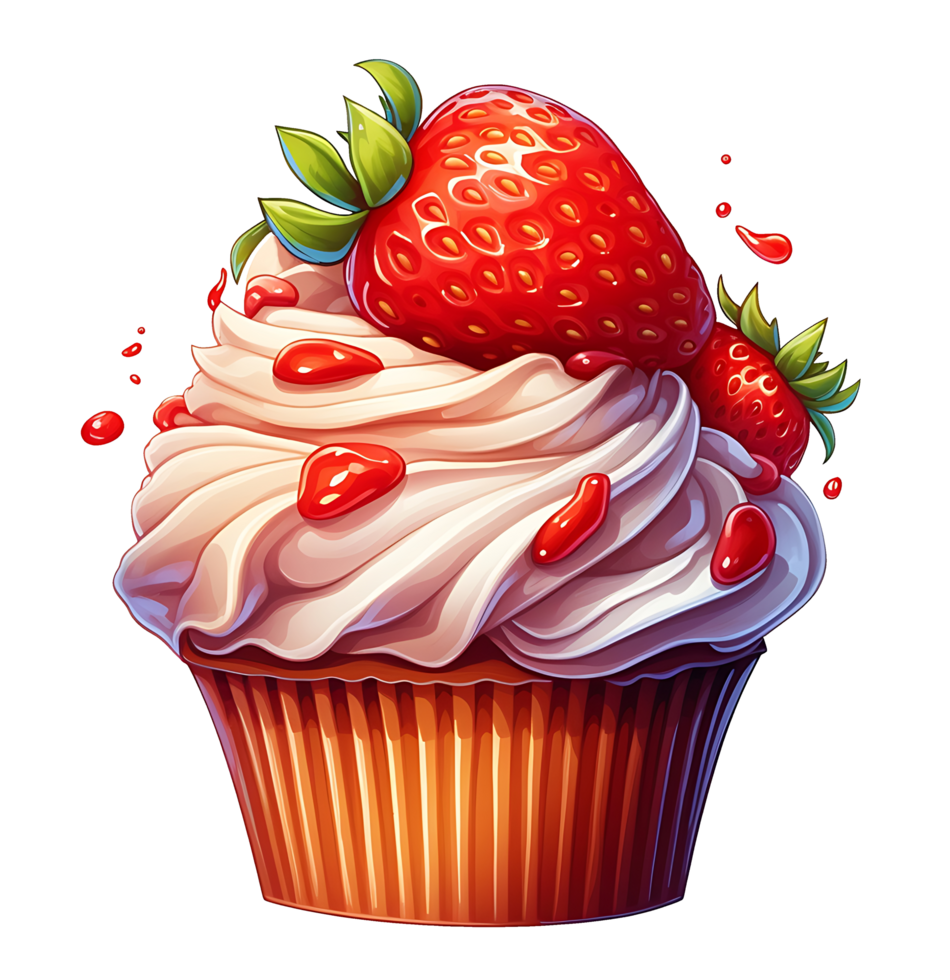red cupcake with strawberries and cream illustration. isolated object transparent background. png