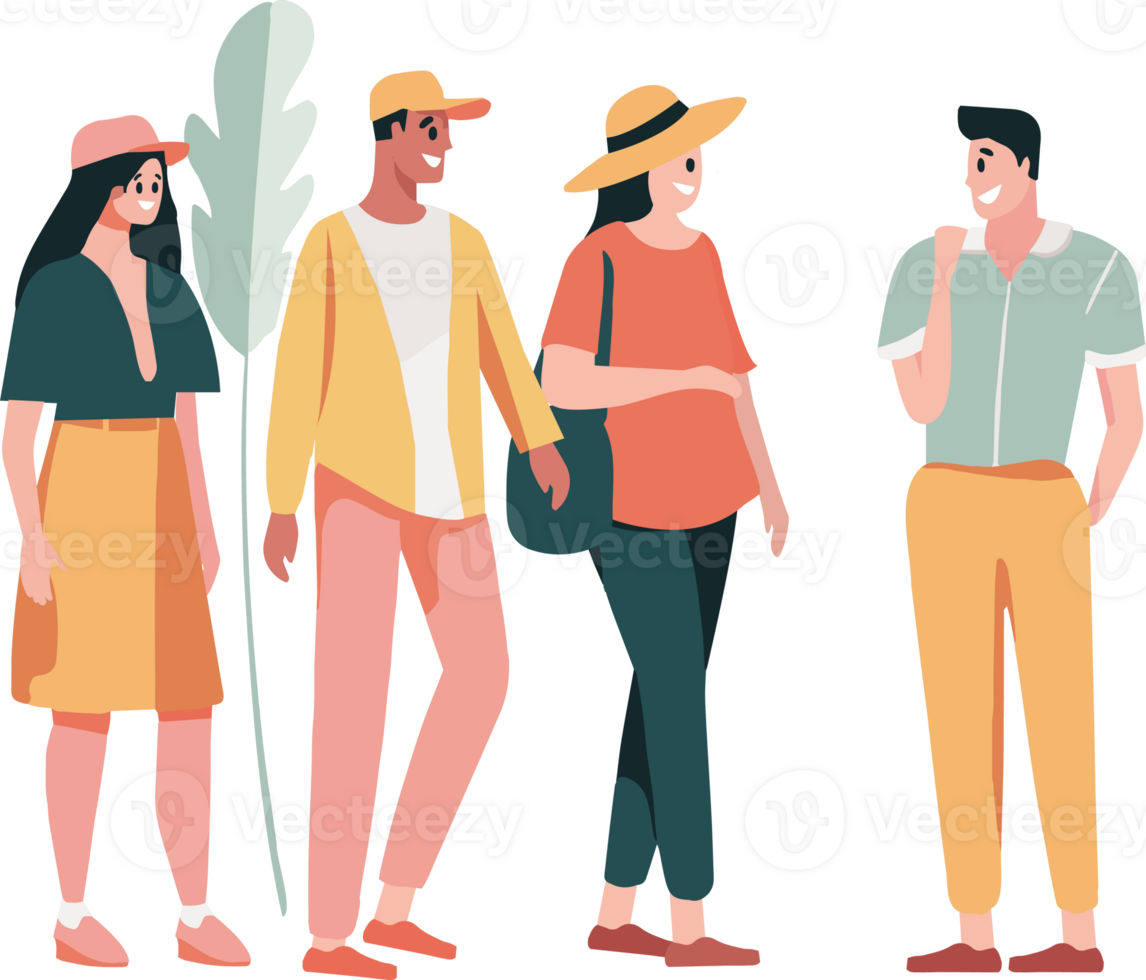 Hand Drawn a group of tourist characters standing and talking in flat style png