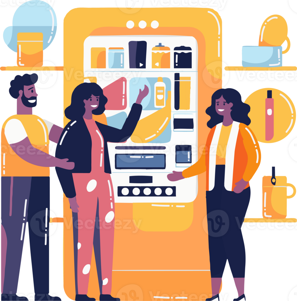 Hand Drawn Businessmen standing and talking in front of a water vending machine in flat style png
