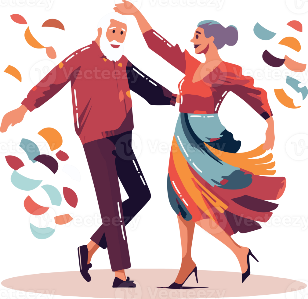 Hand Drawn Happy elderly couple dancing in flat style png