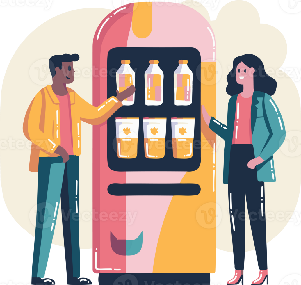 Hand Drawn Businessmen standing and talking in front of a water vending machine in flat style png