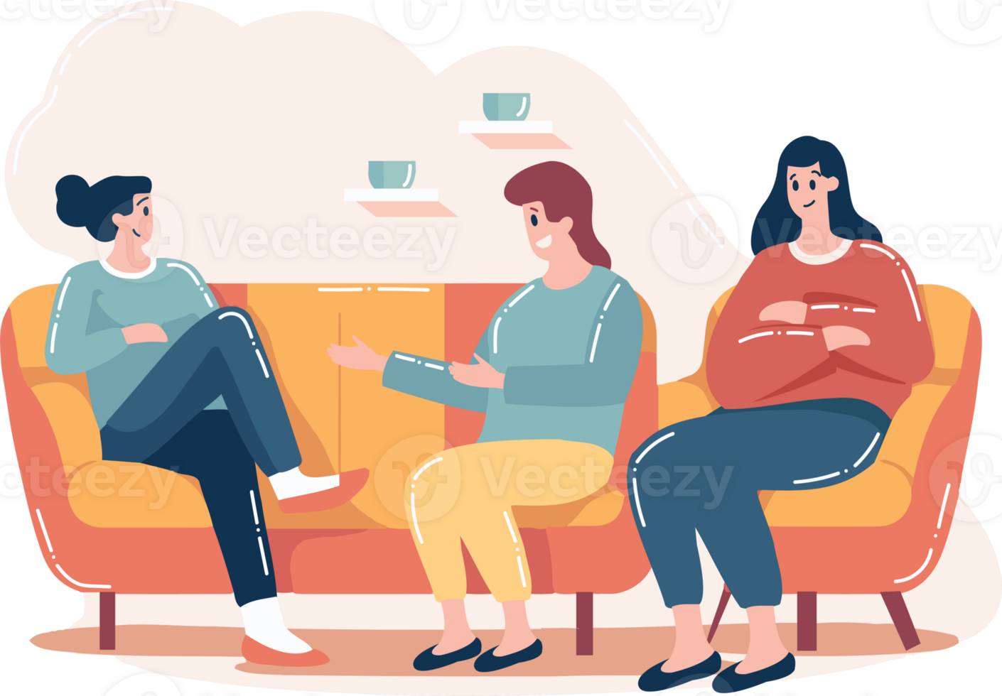 Hand Drawn group of women sitting and talking in flat style png