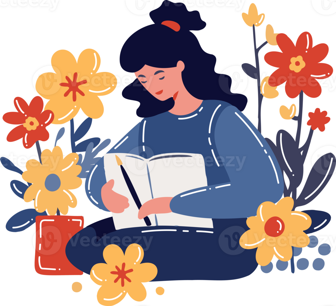 Hand Drawn Female artist sitting and drawing at the flower garden in flat style png