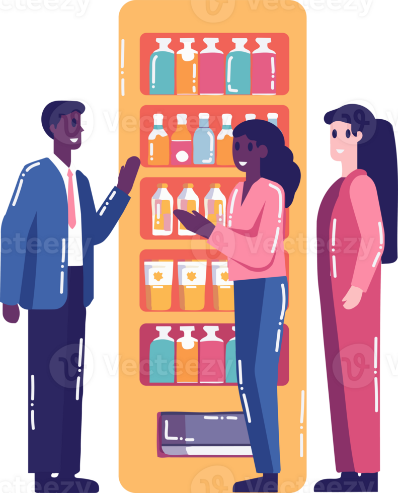 Hand Drawn Businessmen standing and talking in front of a water vending machine in flat style png