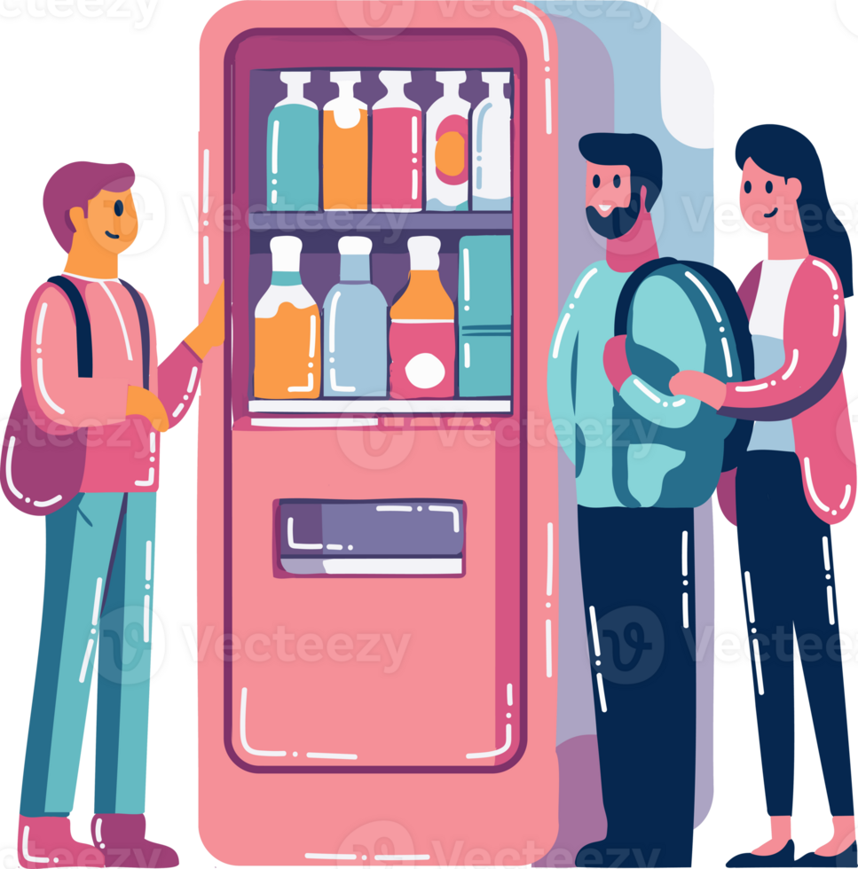 Hand Drawn Businessmen standing and talking in front of a water vending machine in flat style png