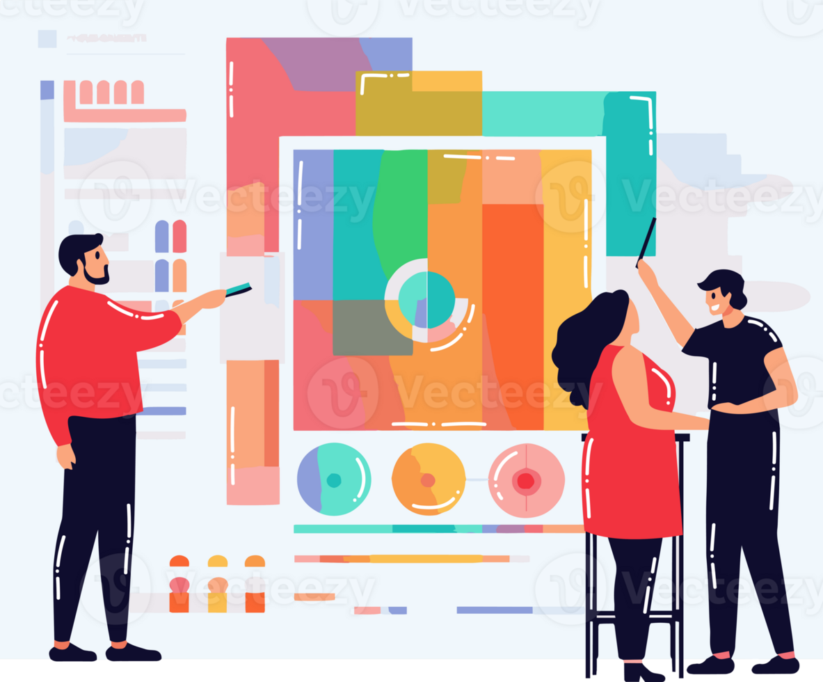 Hand Drawn Group of business people with presentation in flat style png