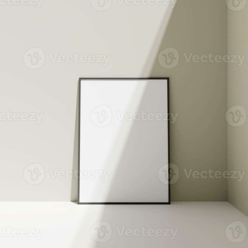 Poster photo frame mockup leanings against the pastel wall on the floor with shadow