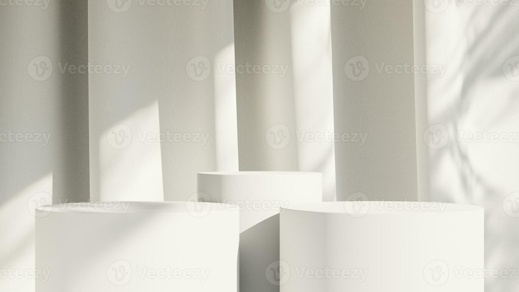 White product display podium background with sun light leaves shadow photo