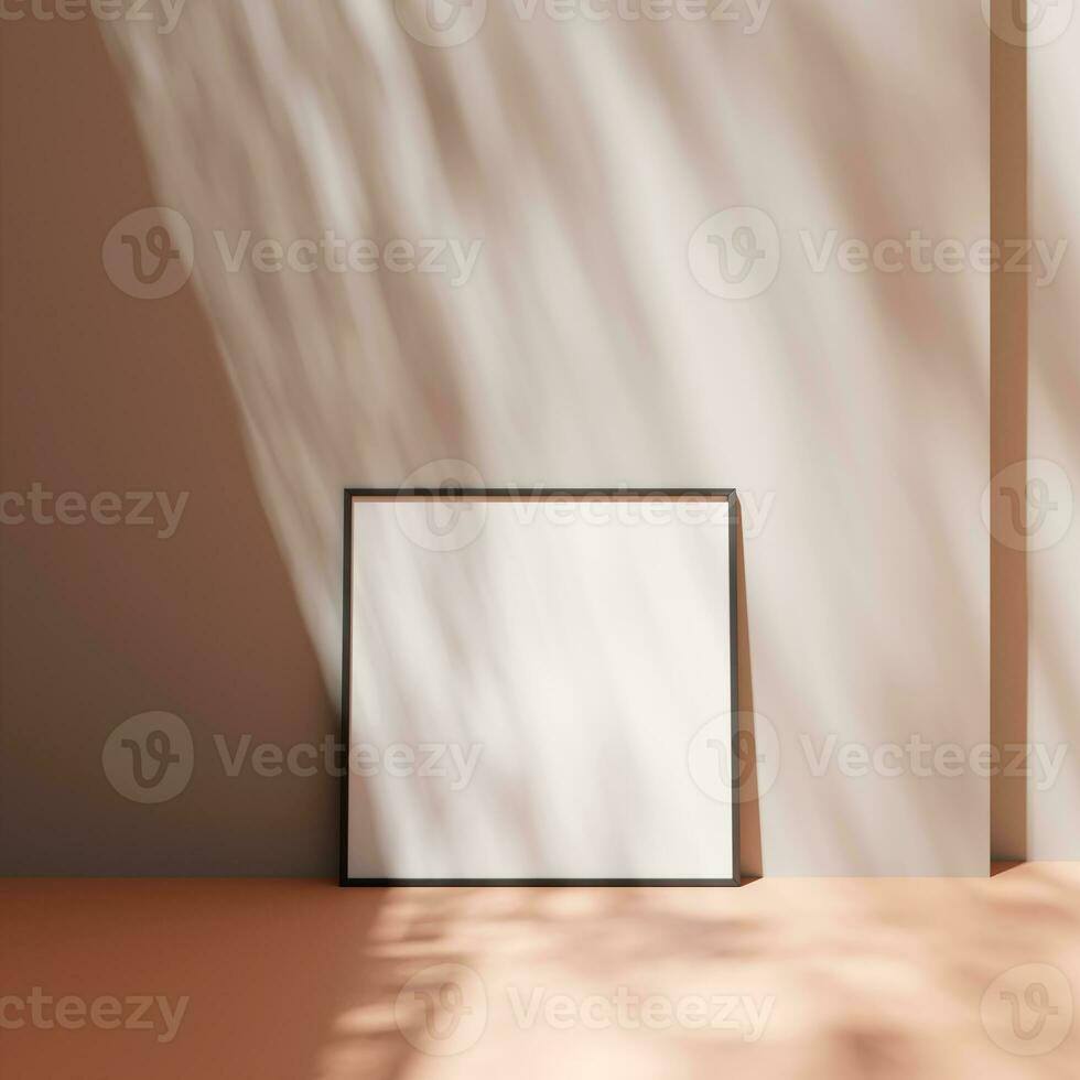 Poster photo frame mockup leanings against the pastel wall on the floor with leaves shadow