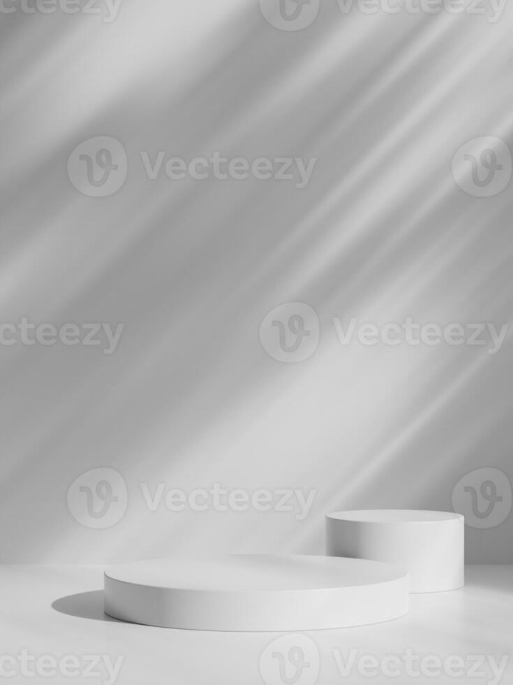 Simple white minimal background with product display platform. Empty studio with circle podium pedestal on a shadow backdrop. photo