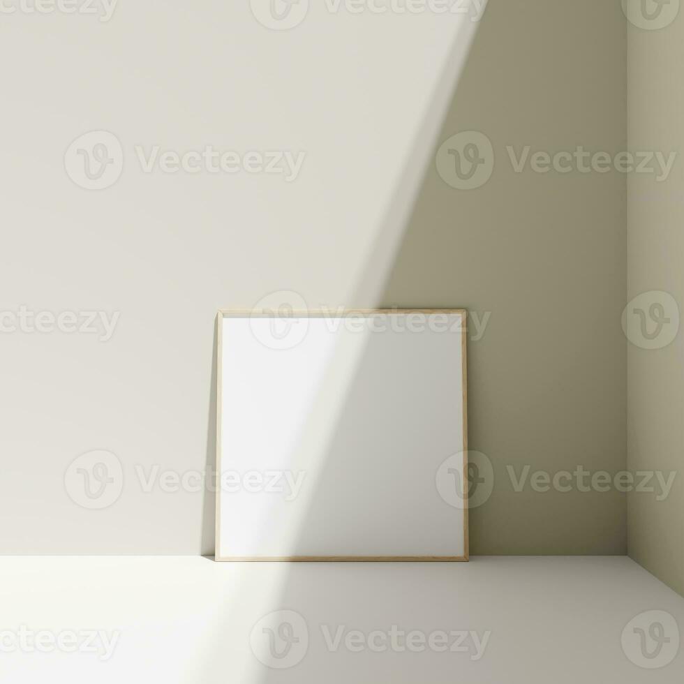 Poster photo frame mockup leanings against the pastel wall on the floor with shadow