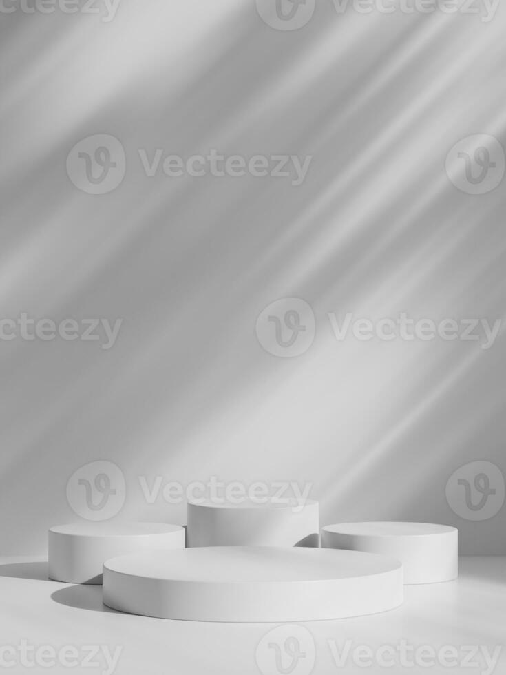Simple white minimal background with product display platform. Empty studio with circle podium pedestal on a shadow backdrop. photo