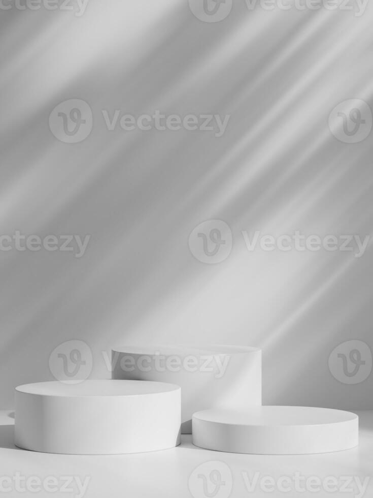 Simple white minimal background with product display platform. Empty studio with circle podium pedestal on a shadow backdrop. photo