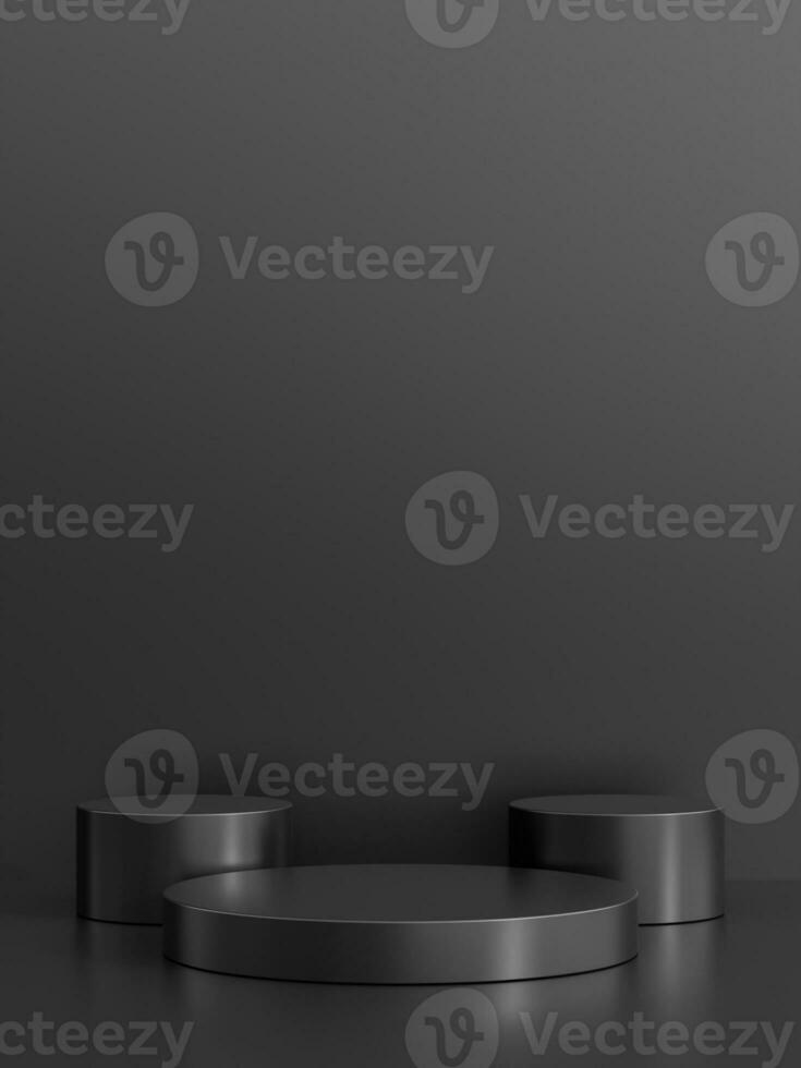 Simple blank luxury black metal background with product display platform. Empty studio with circle podium pedestal on a black backdrop. photo