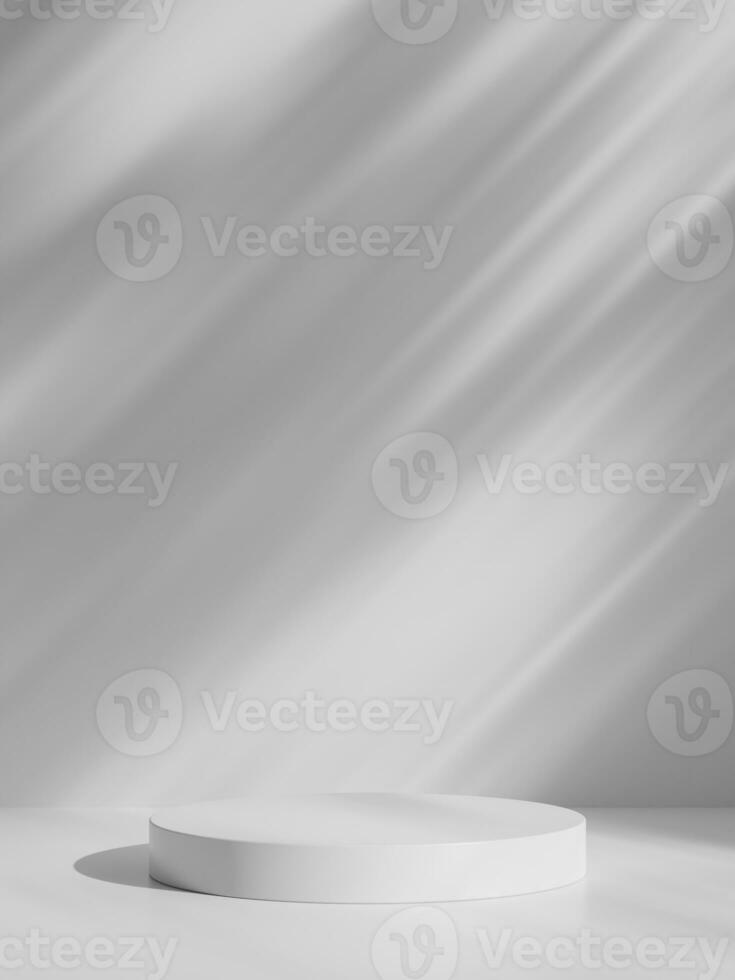 Simple white minimal background with product display platform. Empty studio with circle podium pedestal on a shadow backdrop. photo