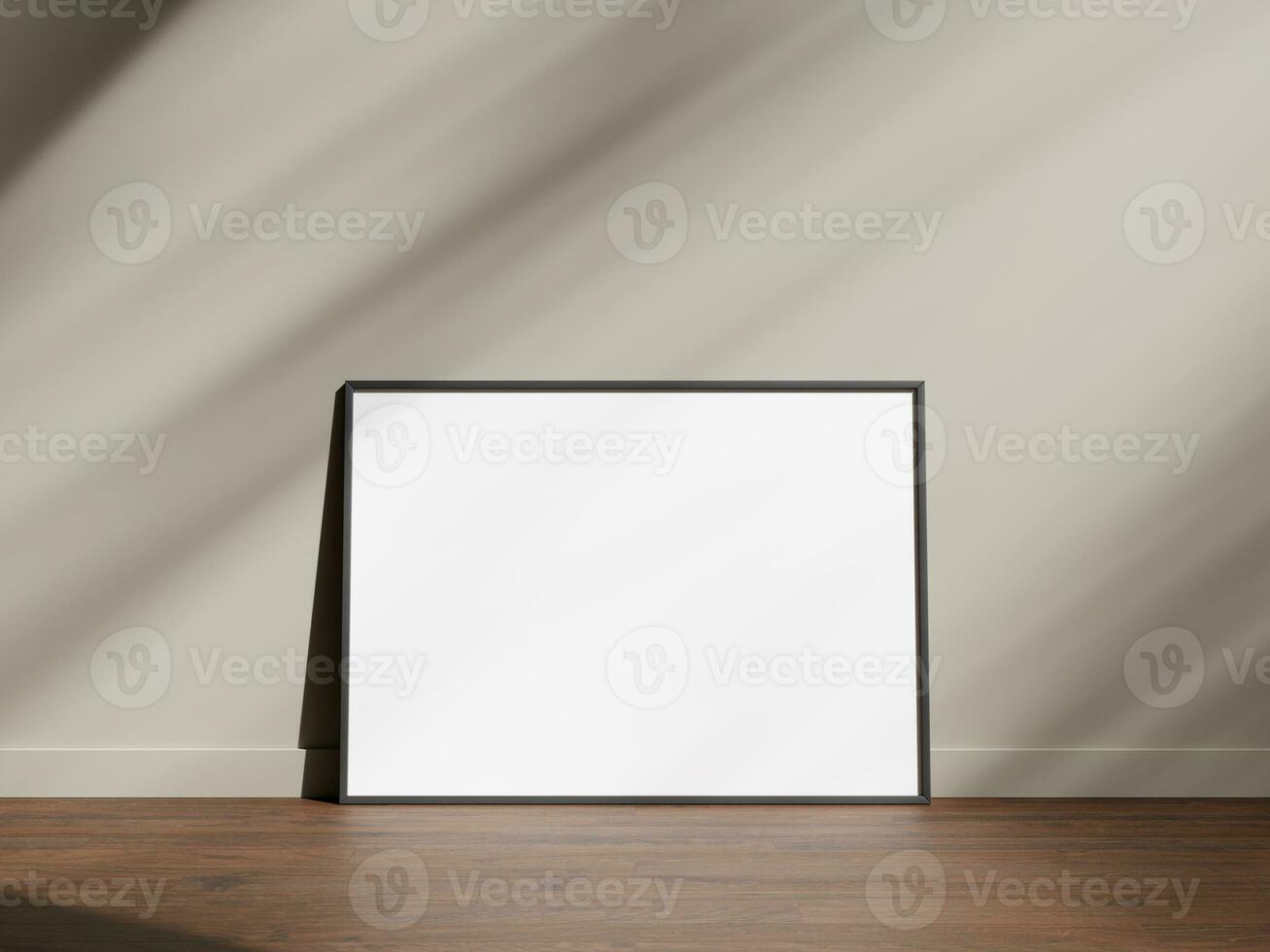 Minimal picture poster frame mockup on wooden floor with shadow photo