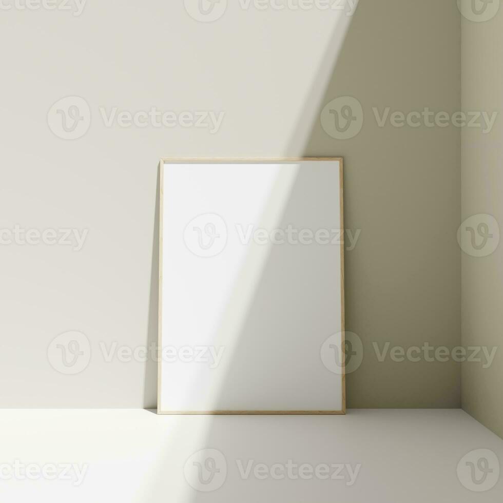 Poster photo frame mockup leanings against the pastel wall on the floor with shadow