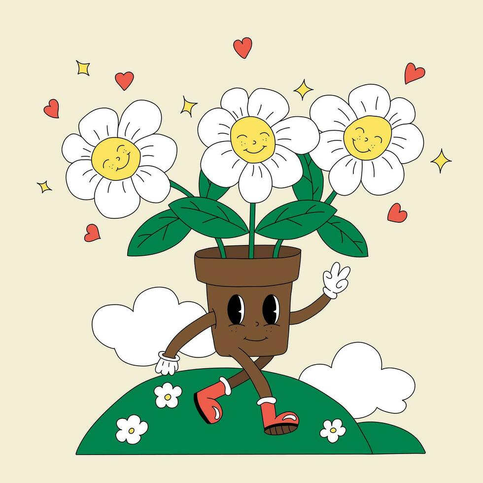 A Flower Pot with Eyes with Smiling Daisies walks around the Field and Makes a Sign of Peace with his hand vector