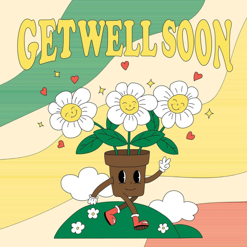 rápido recuperación tarjeta alegre floración maceta con ojos corriendo a través de el campo sonriente margaritas animar arriba un enfermo persona vector