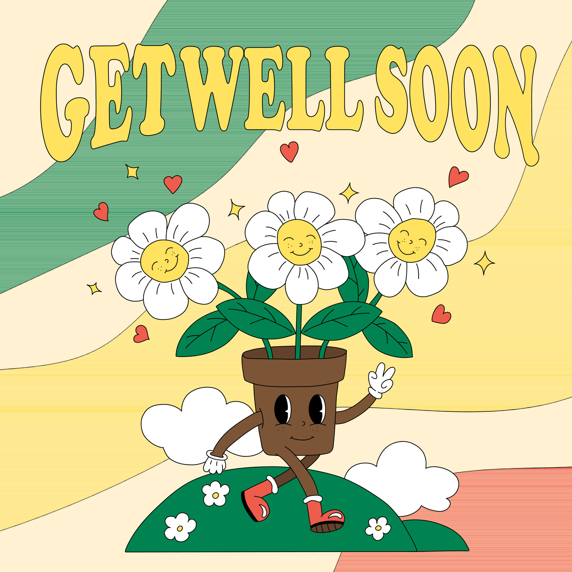 Speedy Recovery Card Cheerful Flowering Pot With Eyes Running Across 
