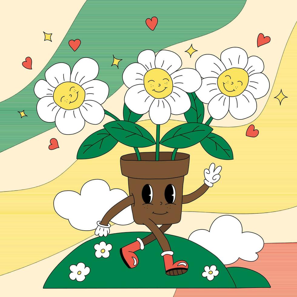 A Flower Pot with Eyes with Smiling Daisies walks around the Field and Makes a Sign of Peace with his hand vector