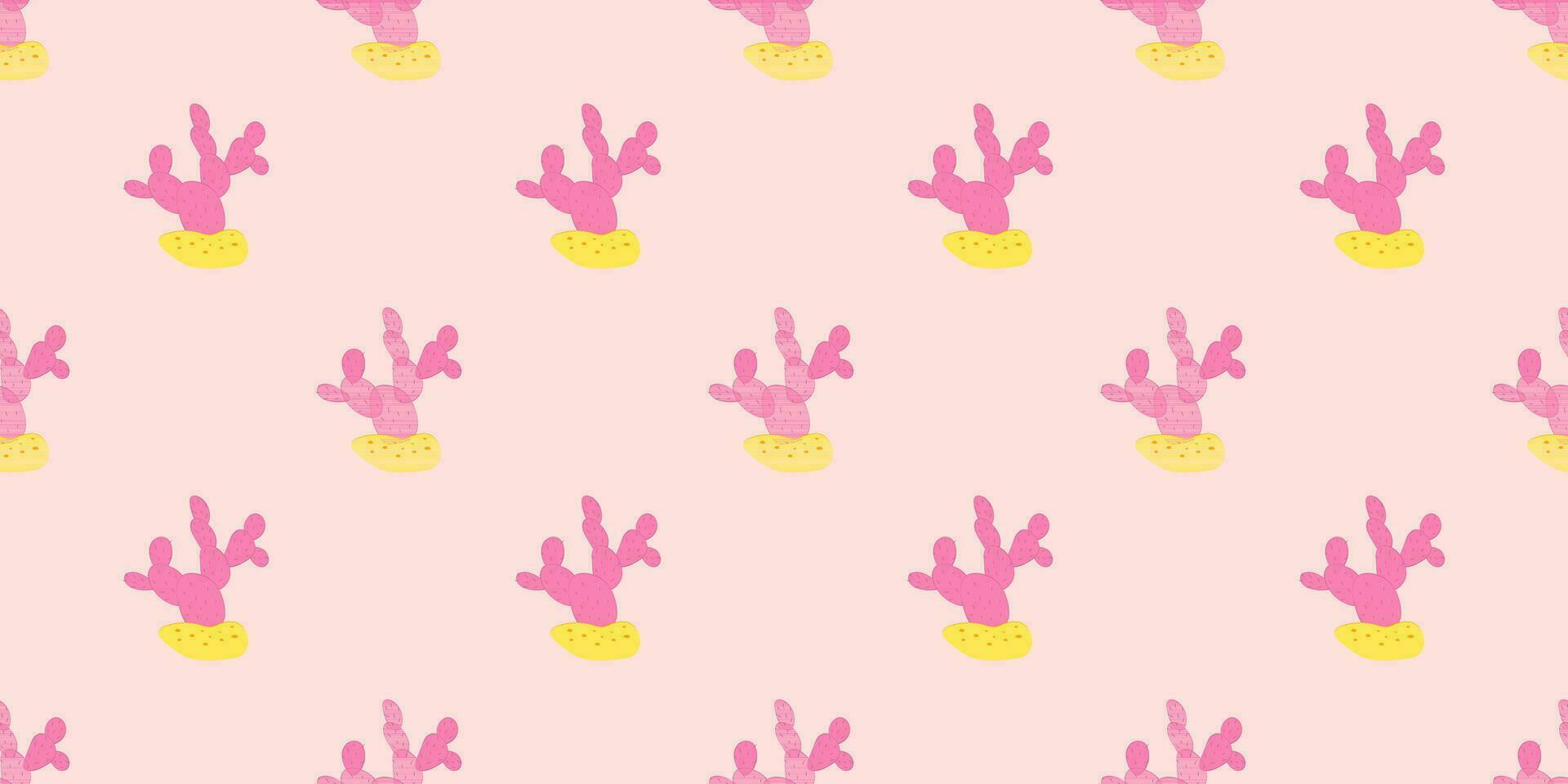 Seamless Pattern Pink Cactus Retro Groovy Background in Wild West Style vector