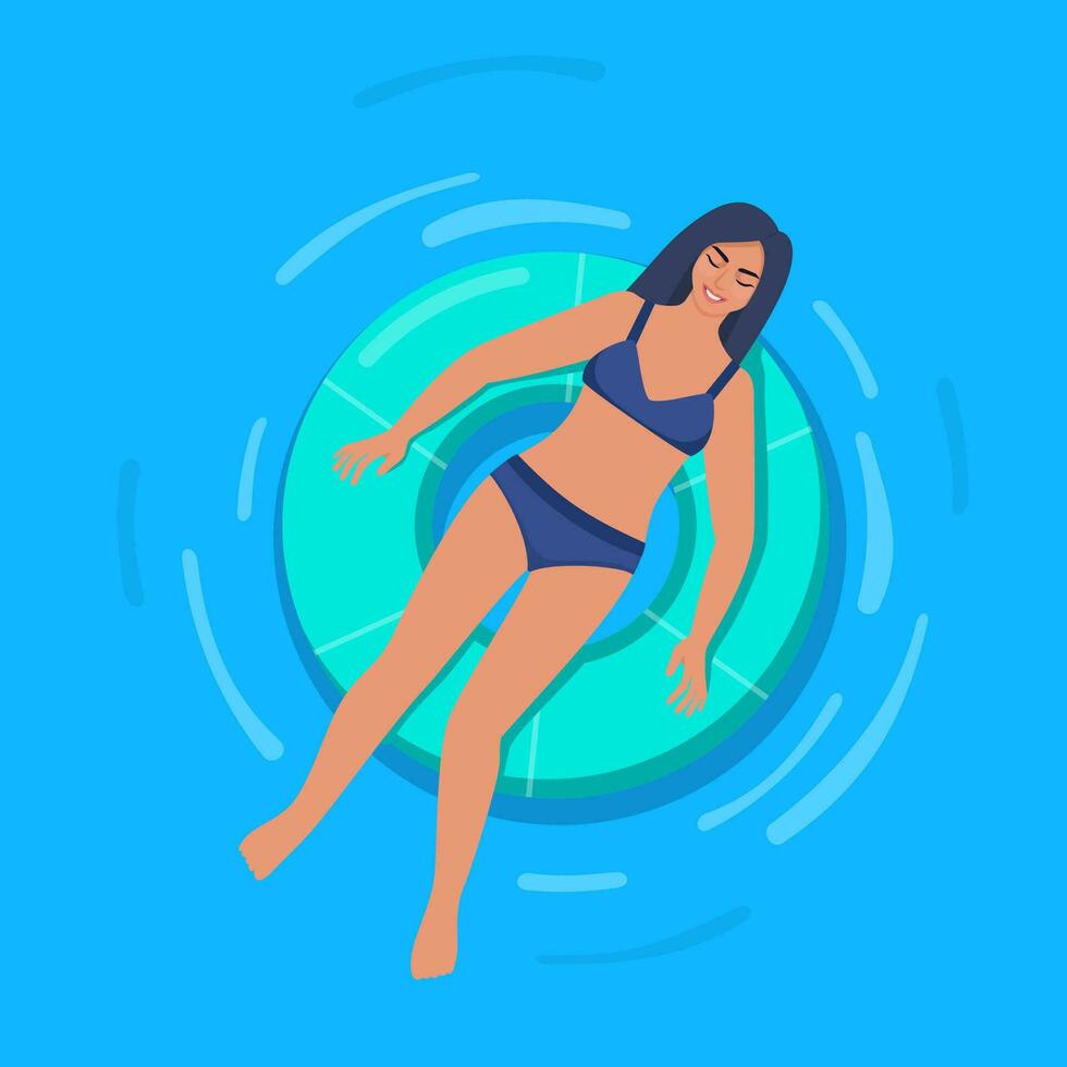 Happy woman in swimsuit floating on rubber ring in swimming pool or in the sea. Relaxation, enjoying life concept. Vector Illustration.