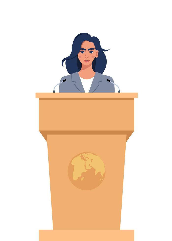 mujer en un negocio traje soportes en un tribuna en frente de el micrófonos mujer orador Hablando desde tribuna. vector ilustración.