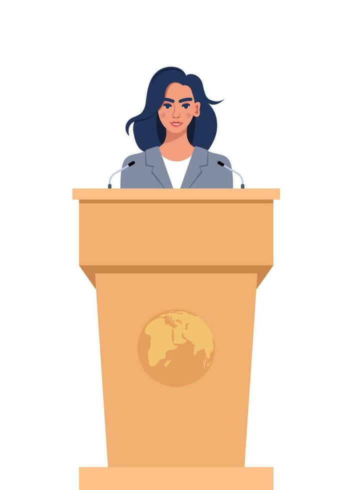 Woman in a business suit stands on a rostrum in front of the microphones. Woman orator speaking from tribune. Vector illustration.