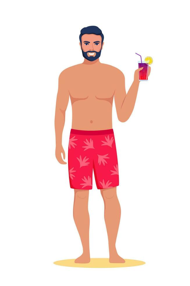 hombre en pantalones cortos en pie en el playa con cóctel en su mano y sonriente. verano vacaciones hermosa chico en nadando bañador. vector ilustración.