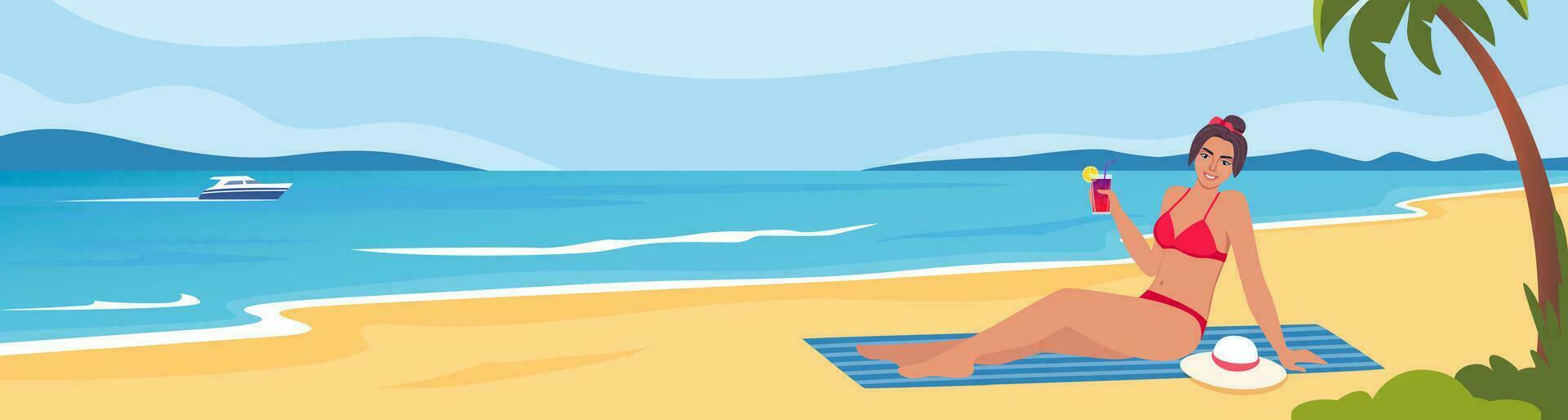 Woman dressed in swimsuit sunbathing on the beach with cocktail in her hand and smiling. Summer vacations. Beautiful sexy girl in bikini. Vector illustration.