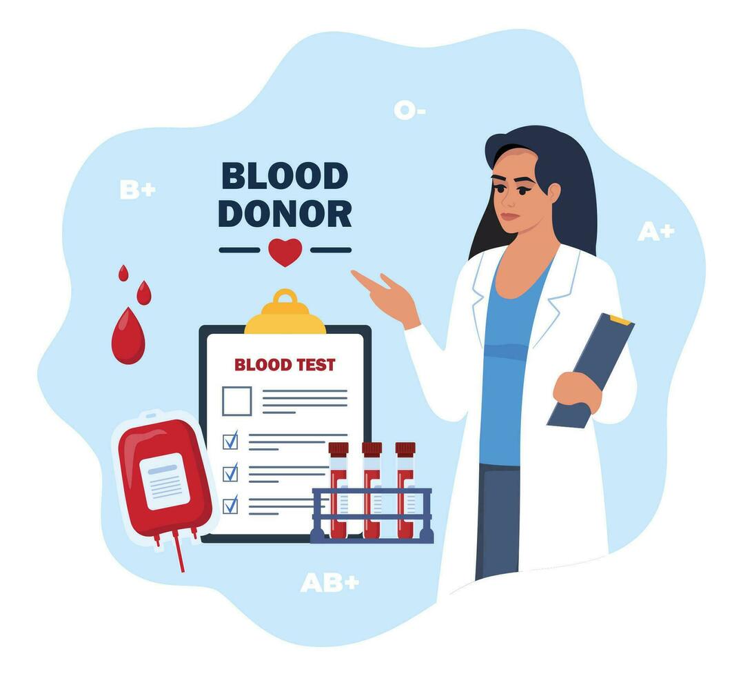 Blood transfusion. Blood donation. Patient blood in test tubes, microscope, exam checklist blank document, blood bag. Woman doctor in medical robe. Vector illustration.