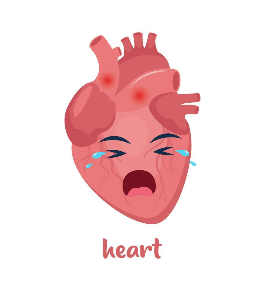 Sick heart with pain ache or disease. Sad cartoon character heart, body organ injured or unhealthy. Human cartoon anatomy, kids medicine. Vector illustration.