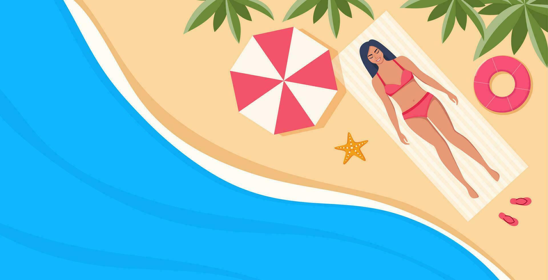 hermosa joven mujer en traje de baño toma el sol en el playa. parte superior ver playa antecedentes. verano hora vacaciones vector ilustración.