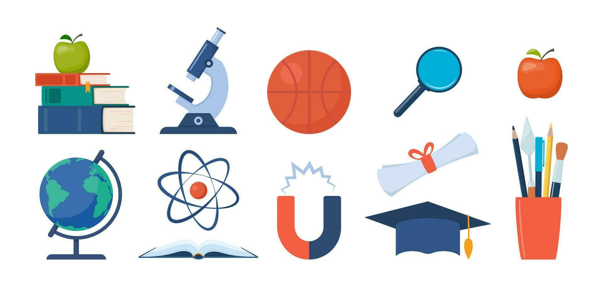 School, science and education icons. Microscope, atom, books, magnet, globe, basketball. Back to school. Vector illustration.