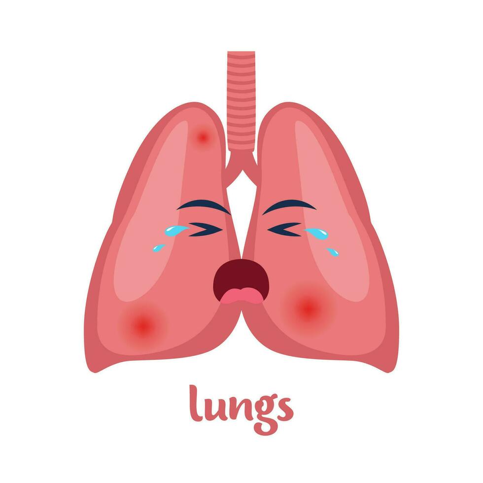 Sick lungs with pain ache or disease. Sad cartoon character lungs, body organ injured or unhealthy. Human cartoon anatomy, kids medicine. Vector illustration.