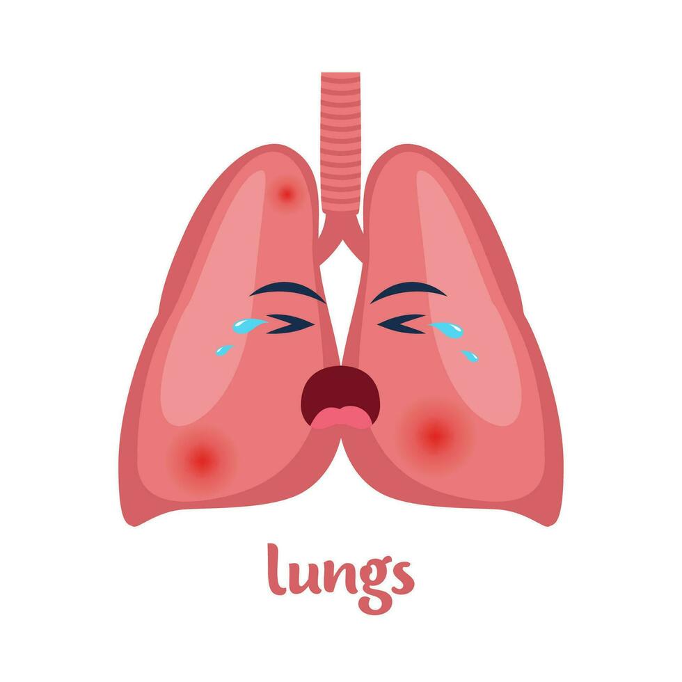 enfermo livianos con dolor dolor o enfermedad. triste dibujos animados personaje pulmones, cuerpo Organo lesionado o insalubre. humano dibujos animados anatomía, niños medicamento. vector ilustración.