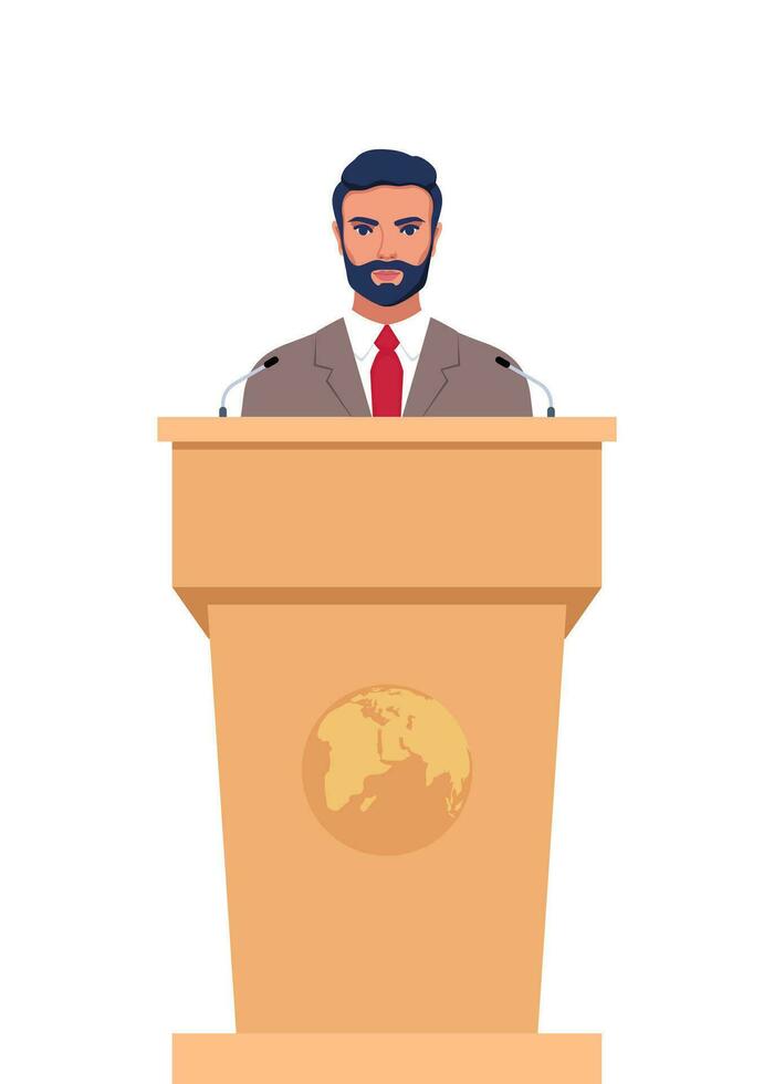 Man in a business suit stands on a rostrum in front of the microphones. Man orator speaking from tribune. Vector illustration.