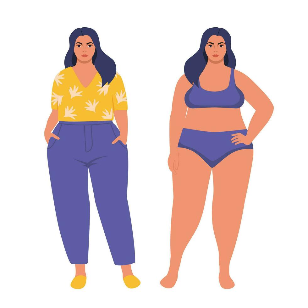 Oversize obesity, pretty large lady in beautiful fashionable clothes and in underwear. Body positive woman. Plus size female character. Attractive curvy, overweight girl. Vector illustration.