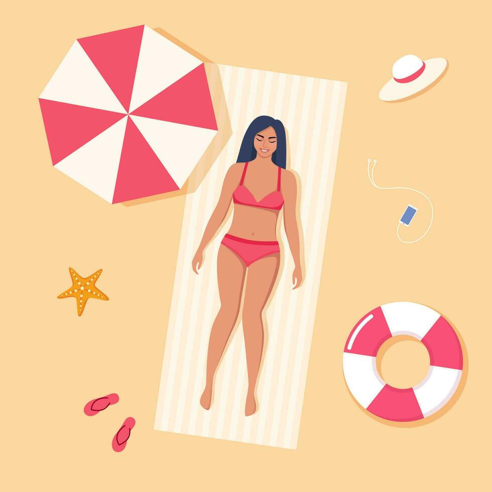 hermosa joven mujer en traje de baño toma el sol en el playa. parte superior ver playa antecedentes. verano hora vacaciones vector ilustración.