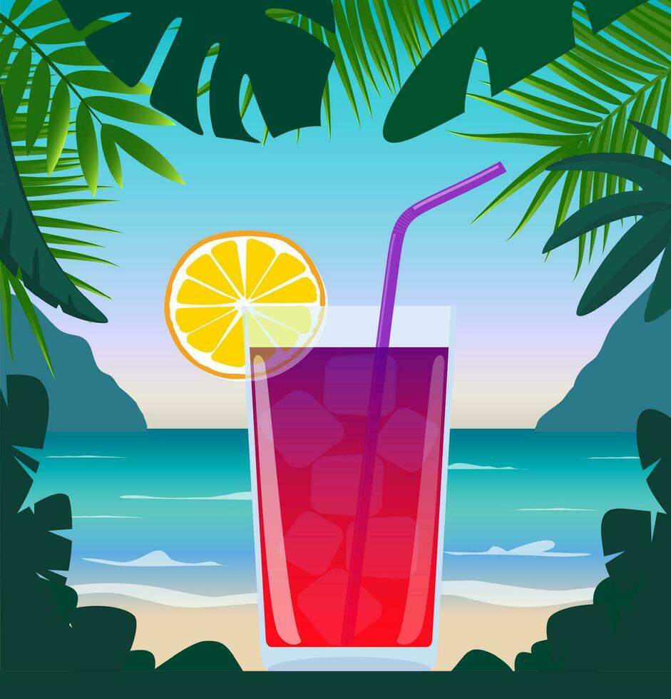 Exotic cocktail in beach bar on seashore. Cocktail with straw, lemon wedge and umbrella, surrounded by tropical leaves. Summer vacation concept. Beach bar poster. Summer party. Vector illustration.