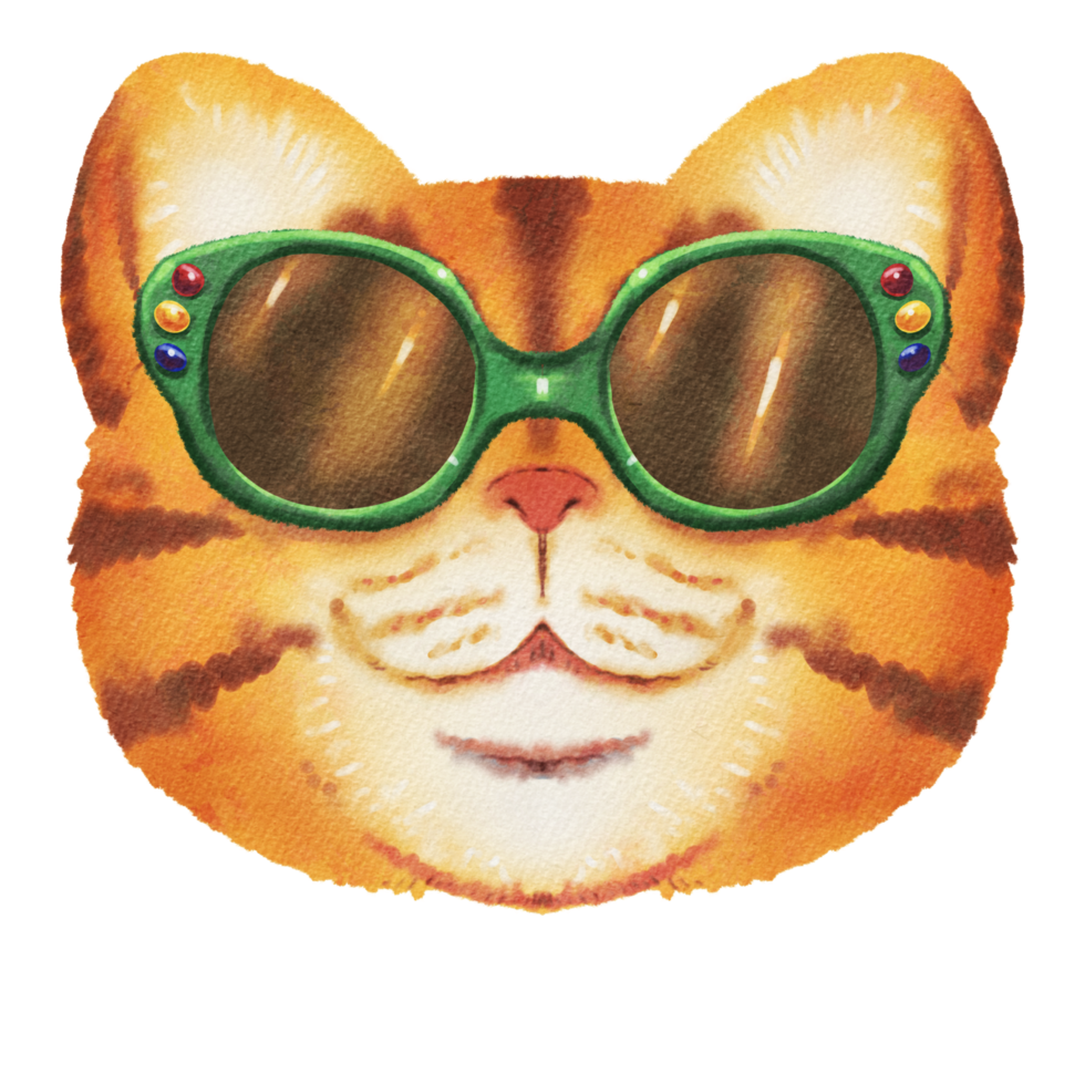 Cat cute face with glasses fashion watercolor elements cute cartoon style. png