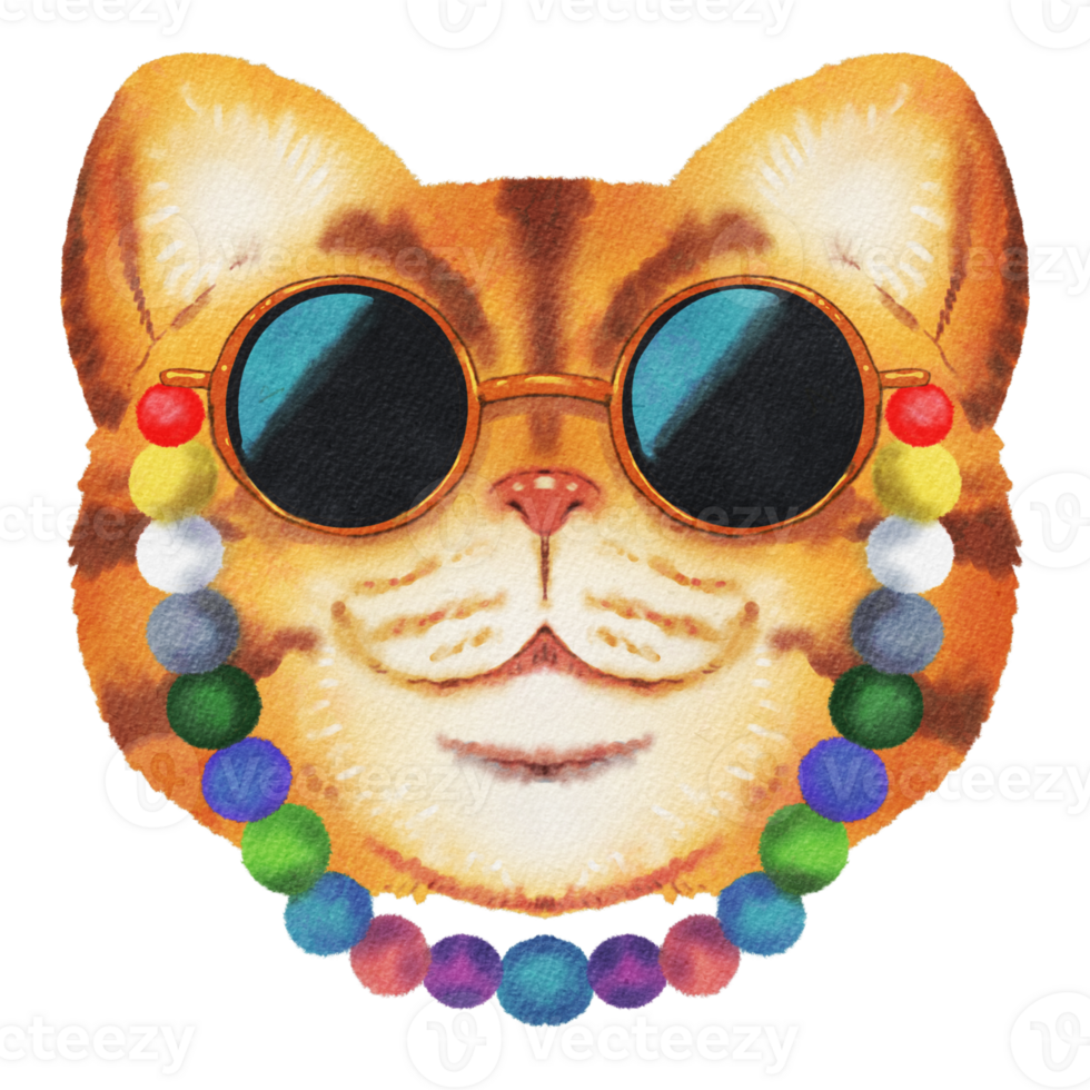 Cat cute face with glasses fashion watercolor elements cute cartoon style. png