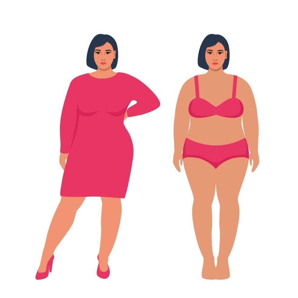 Oversize obesity, pretty large lady in beautiful fashionable clothes and in underwear. Body positive woman. Plus size female character. Attractive curvy, overweight girl. Vector illustration.