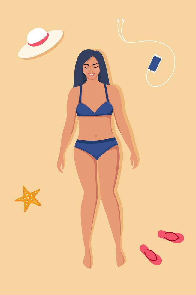 Beautiful young woman in swimsuit sunbathes on the beach. Top view beach background. Summer time vacations. Vector illustration.