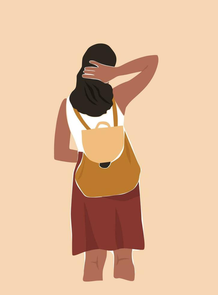 resumen contemporáneo niña con largo pelo soportes con su espalda con un mochila. mujer viajes en verano. vector gráficos.