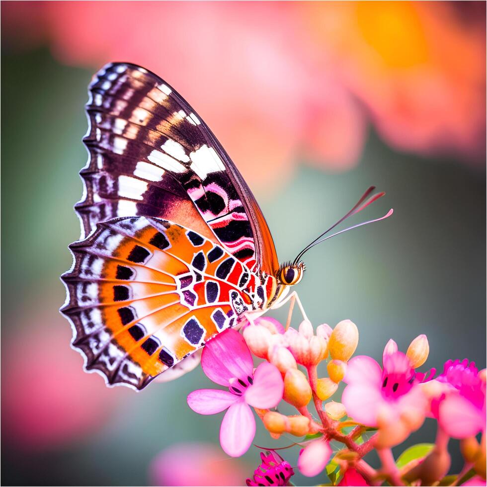 vistoso mariposa y rosado flor en generativo ai foto