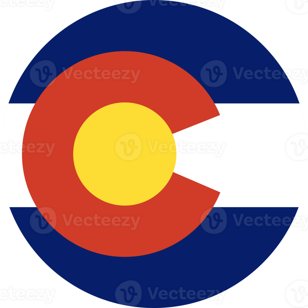 Colorado circle flag. State of Colorado symbol. USA circular shape button banner. Png icon.