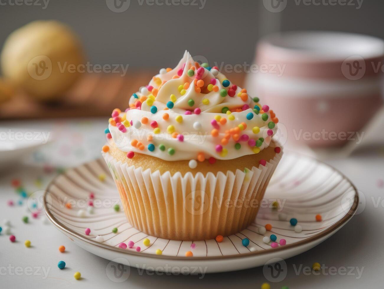 Festive Cupcake Frosting Top with Sprinkles. photo