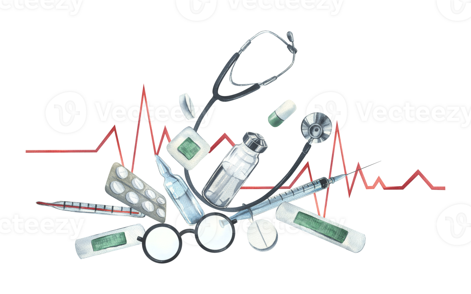 medizinisch zuerst Hilfe Kit mit Stethoskop, Injektionen, Gips, Tabletten und Brille. Aquarell Illustration, Hand gezeichnet. Komposition isoliert png